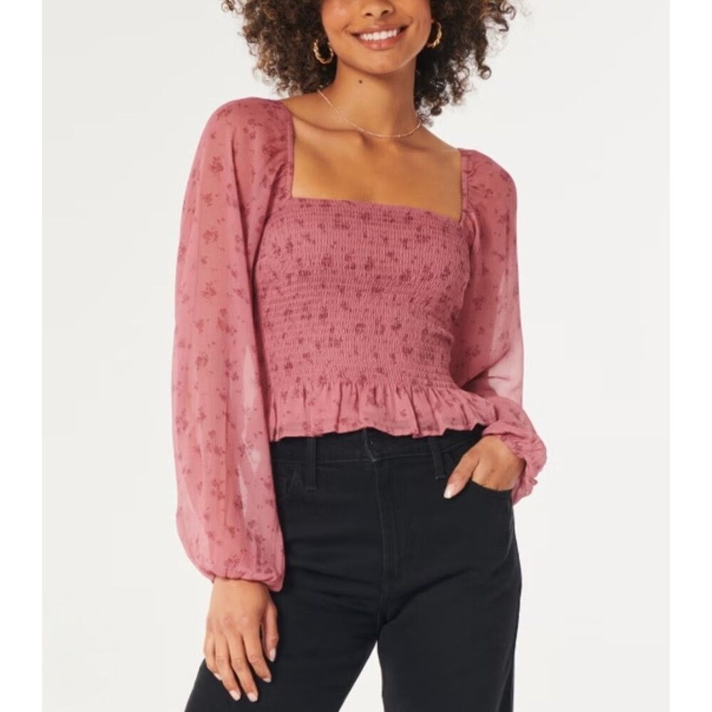 NWT Hollister Size XS Blouse Smocked Dusty Rose Floral Print Boho Cottagecore